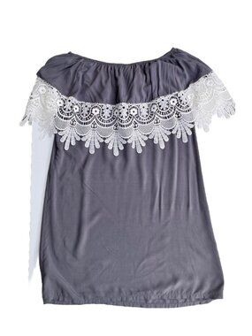 Swell Off Shoulder Gray Crochet Lace Dress Medium Rayon Boho NWT No Tags M